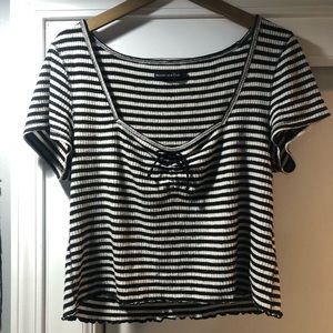 Striped black and white crop top with lettuce hem